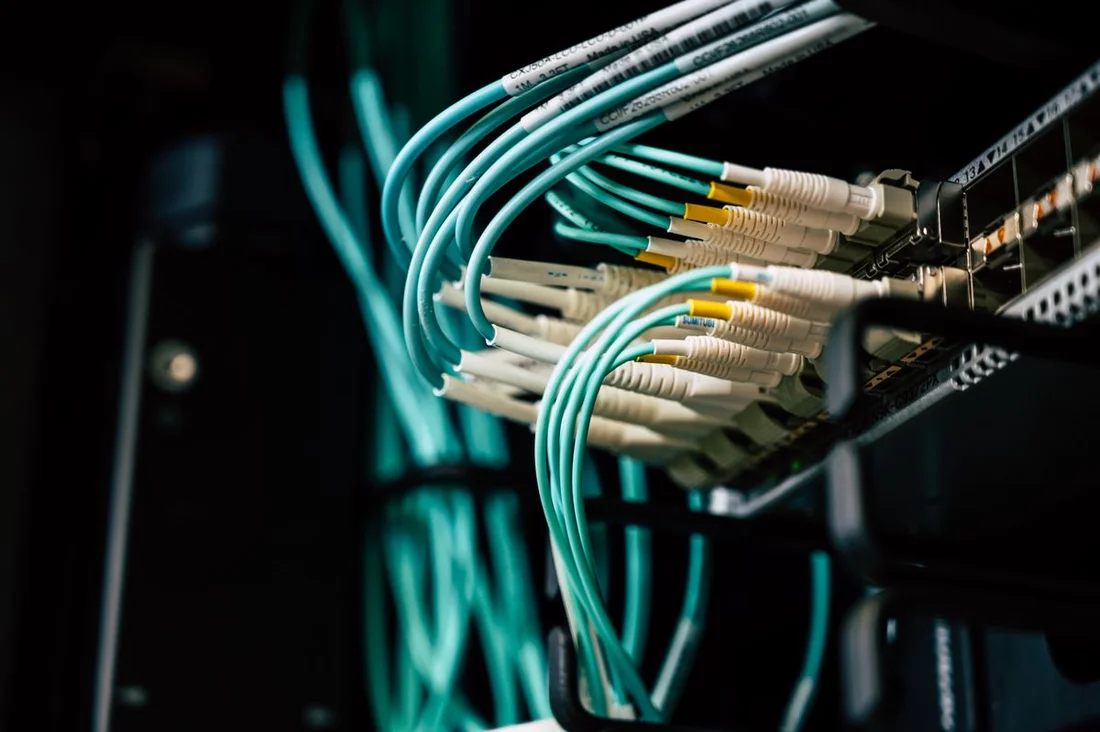 Network cables connected to rack-mounted equipment