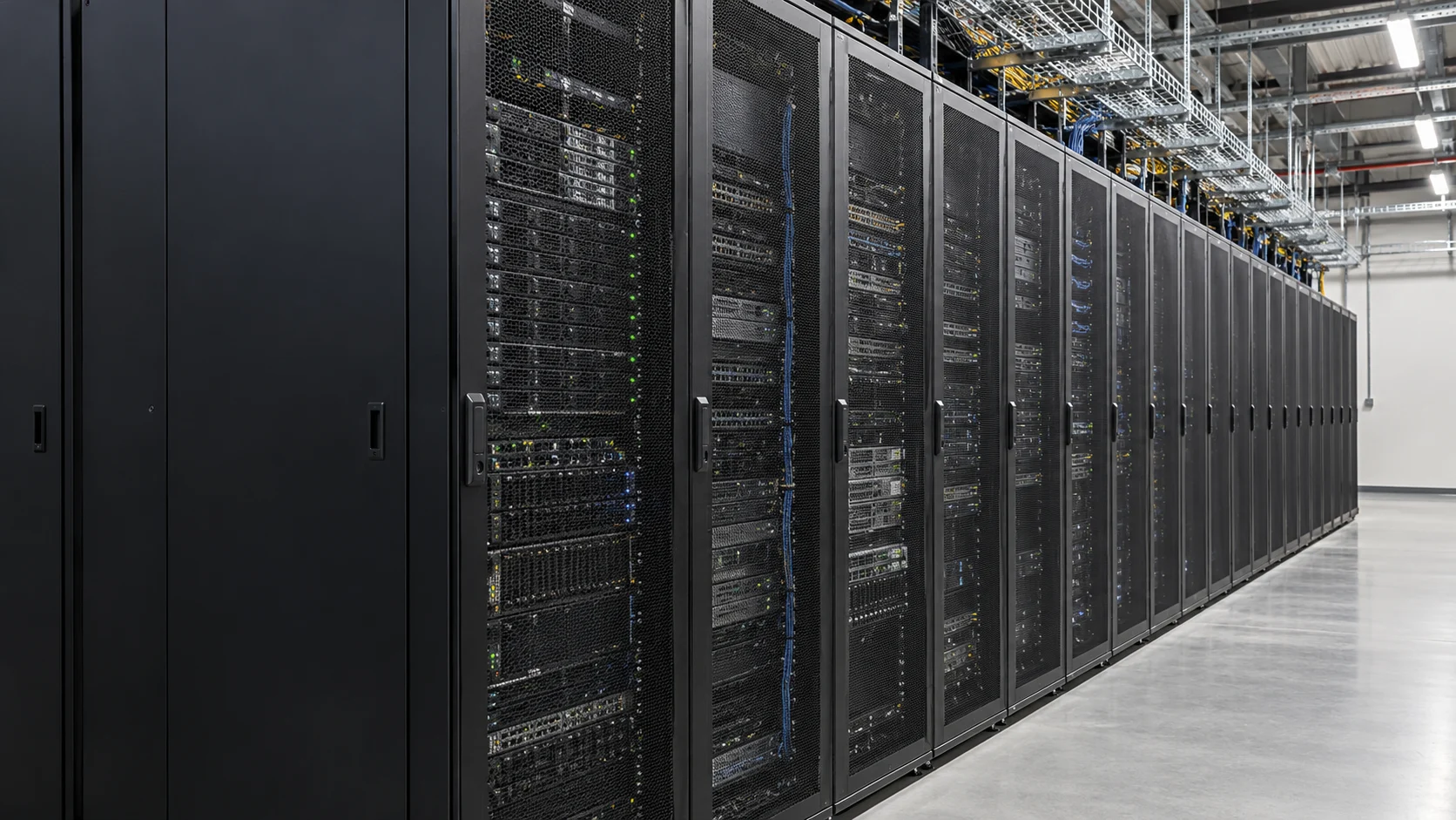 Rows of server cabinets in an equipment-room environment