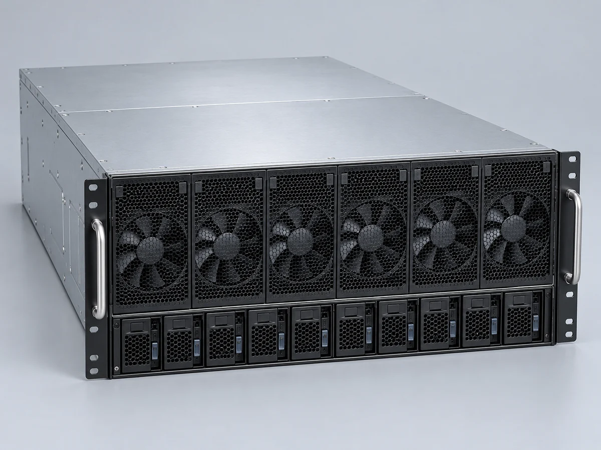 Illustrative AI server with segmented fan intakes and a lower row of drive bays