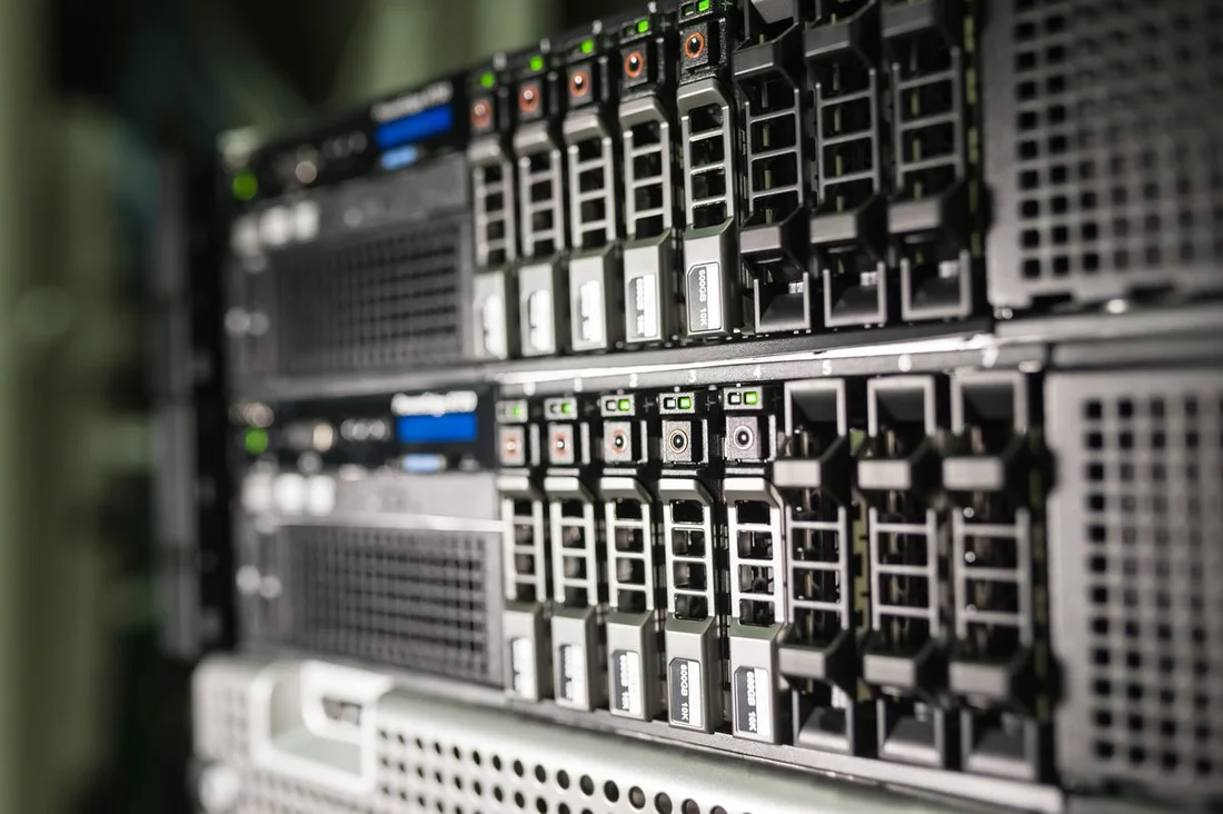 Rack-mounted server hardware with visible front panels and drive bays
