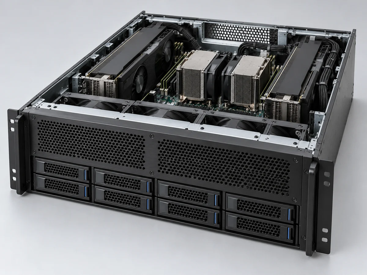 Illustrative open rackmount GPU server with fan-cooled PCIe accelerators