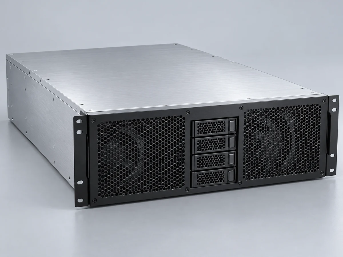 Illustrative enclosed professional GPU rack server with brushed metal panels and front intake grilles