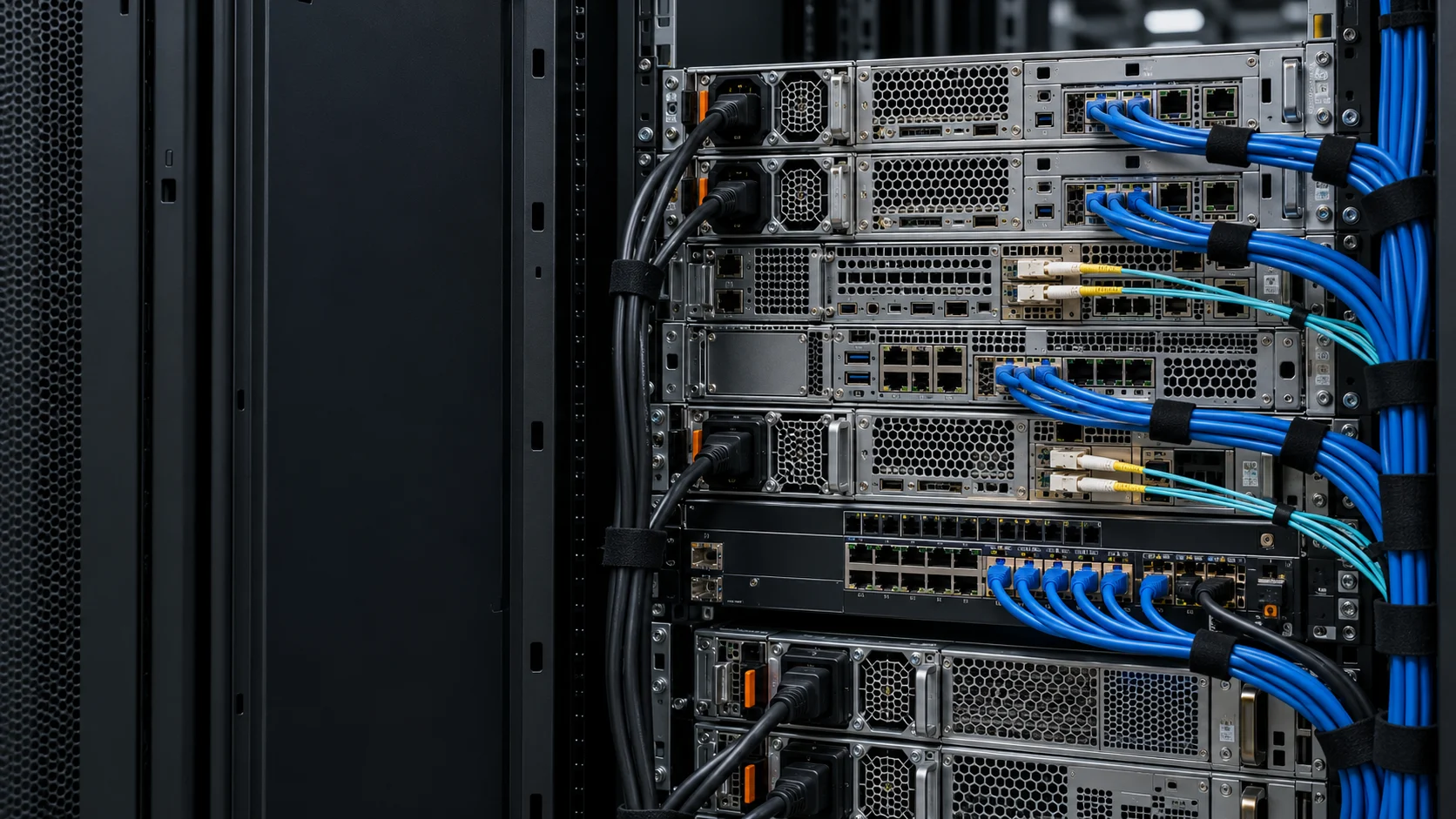 Server rear connections, power supplies and organized network cabling